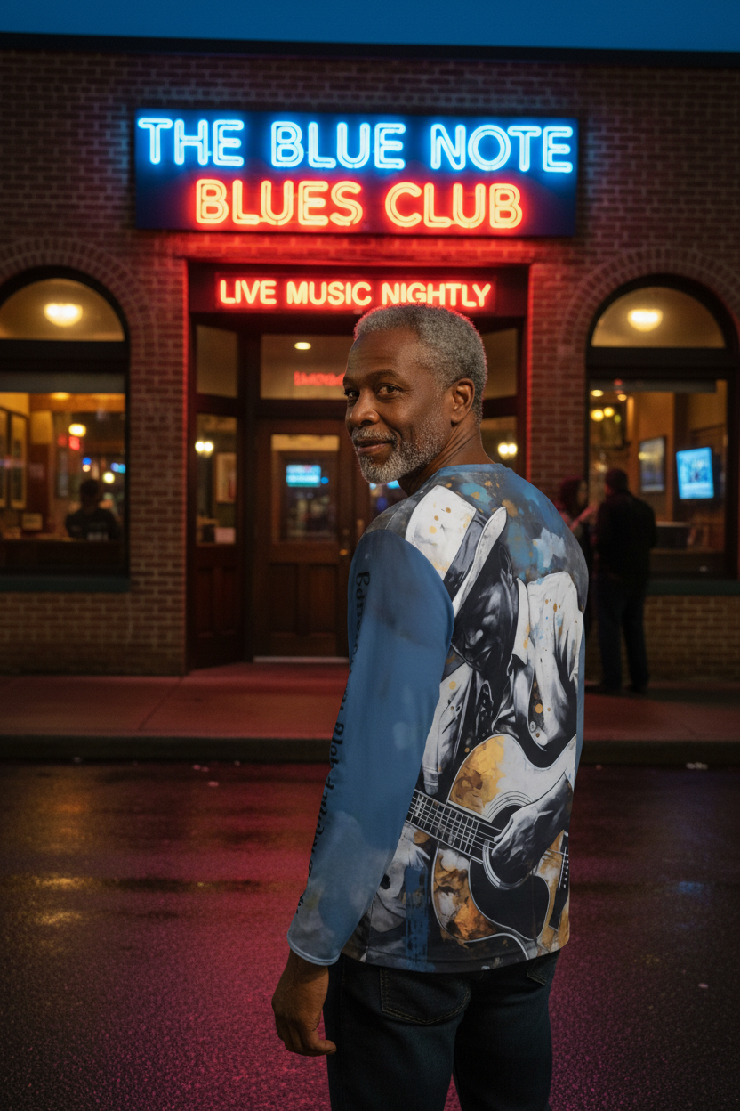 Junior's 92nd Down Home Blues Long Sleeve Shirt — Vintage Acoustic Music Art AOP