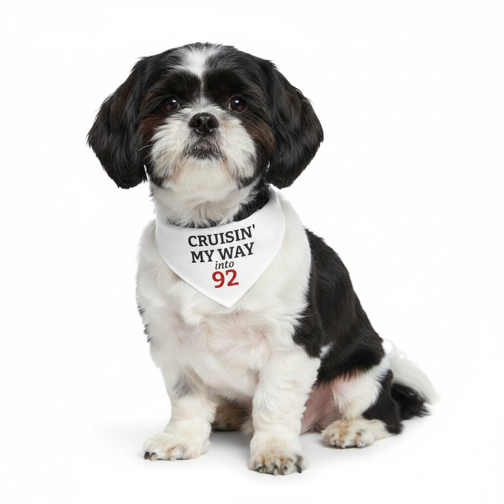 Pet Bandana — "Cruisin' My Way into 92" Clip-On Birthday Bandana for Dogs & Cats