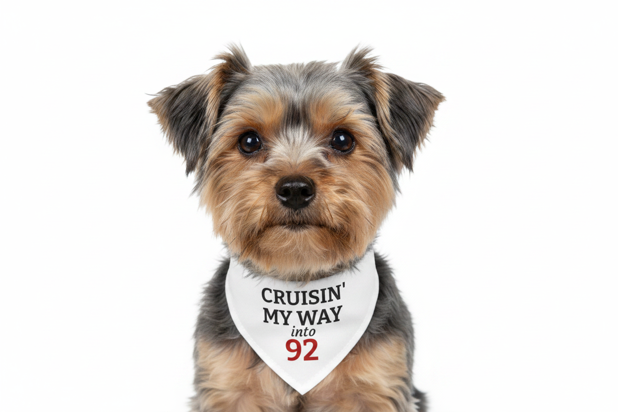 Pet Bandana — "Cruisin' My Way into 92" Clip-On Birthday Bandana for Dogs & Cats