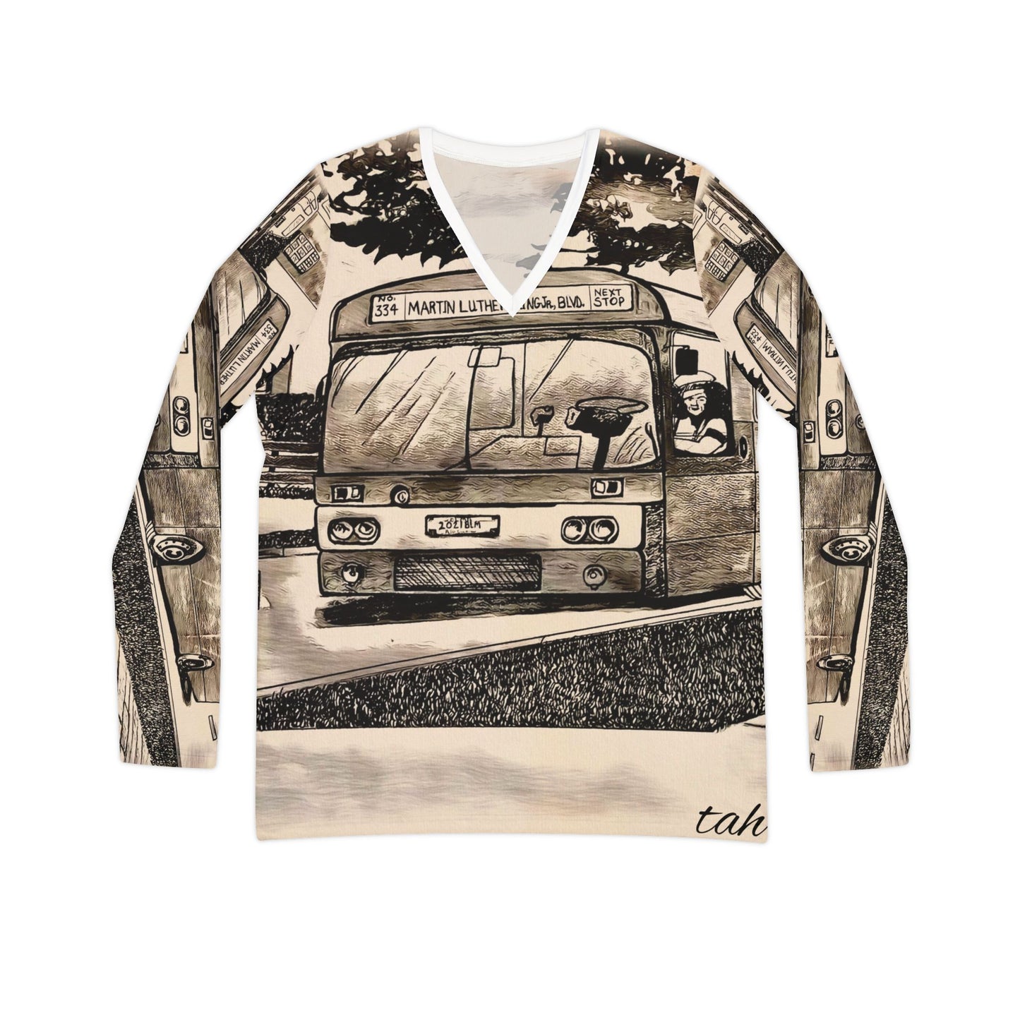 The Long Ride 'Prosperity' Bus Long Sleeve t-shirt exudes a retro Black History vibe, perfect for adding a touch of culture and elegance to any space.