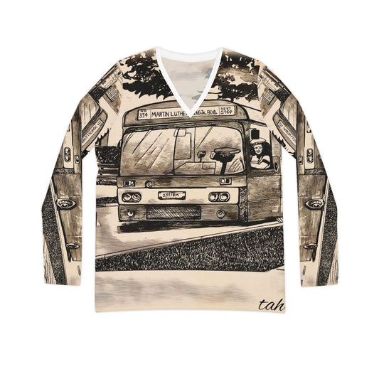 The Long Ride 'Prosperity' Bus Long Sleeve t-shirt exudes a retro Black History vibe, perfect for adding a touch of culture and elegance to any space.